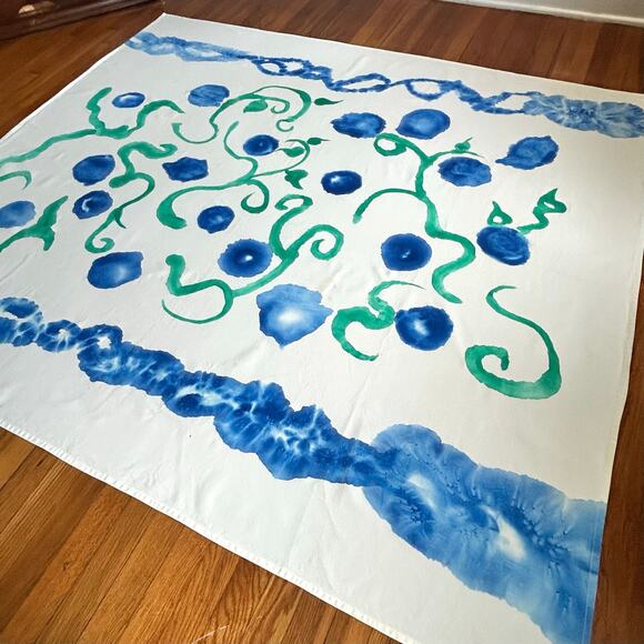 Hand Dyed Cotton Tablecloth on White Background – Blue & Green Tie Dye Design - Picture 2 of 13